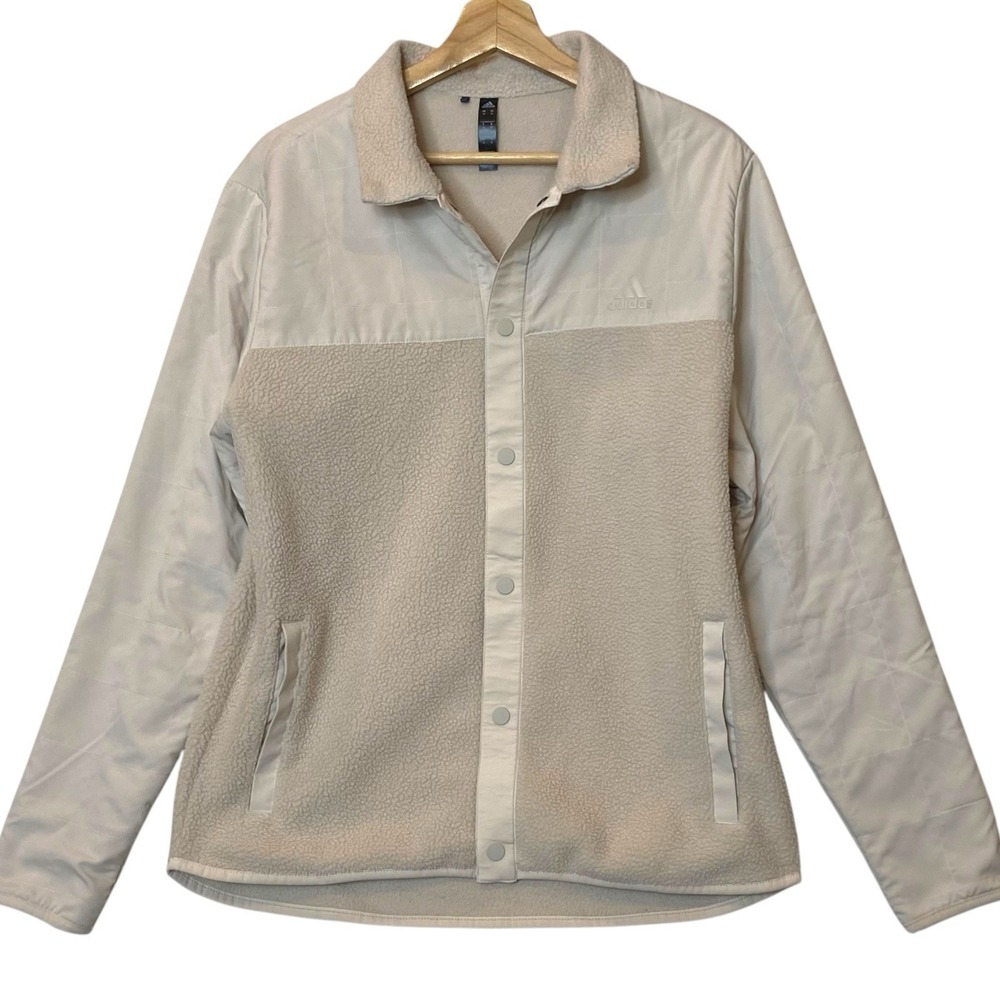 Adidas Sherpa Fleece Jacket Mens M Beige Neutral Cozy Streetwear Gorpcore Casual